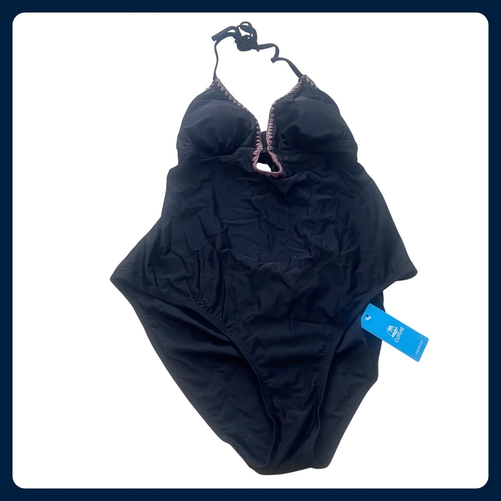 Cupshe Womens Black Crochet Trim Plunging Halter One Piece Swimsuit Size XL New